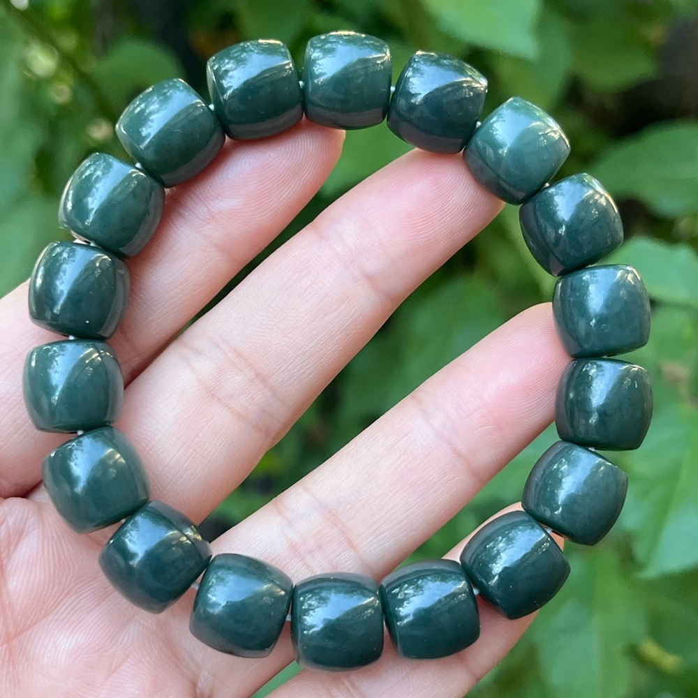 12mm stretchable barrel shape‎ dark green jade bracelet 1513